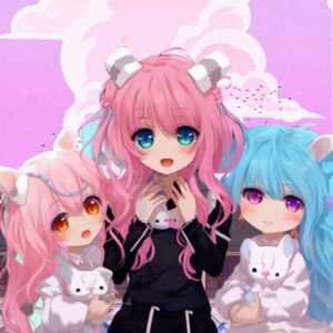 The Gacha Life Three Cute girl wearing a stylish Black and white outfit with blue and pink Hair Color, showcasing the latest trends in Gacha Club. Explore more with Gacha Heat, Gacha Nox, and download the Gacha Mod Apk. Don't miss out on the best Gacha Life Outfit ideas, only on Gacha Heat