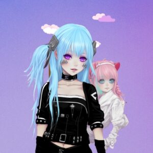 Cute Gacha Life Two Cute girl wearing a stylish Black and white outfit with blue and pink Hair Color, showcasing the latest trends in Gacha Club. Explore more with Gacha Heat, Gacha Nox, and download the Gacha Mod Apk. Don't miss out on the best Gacha Life Outfit ideas, only on Gacha Heat